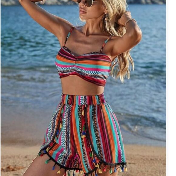 Verdusa Woman’s 3 pc Boho Shorts set with Kimono Sz Med - Picture 5 of 10